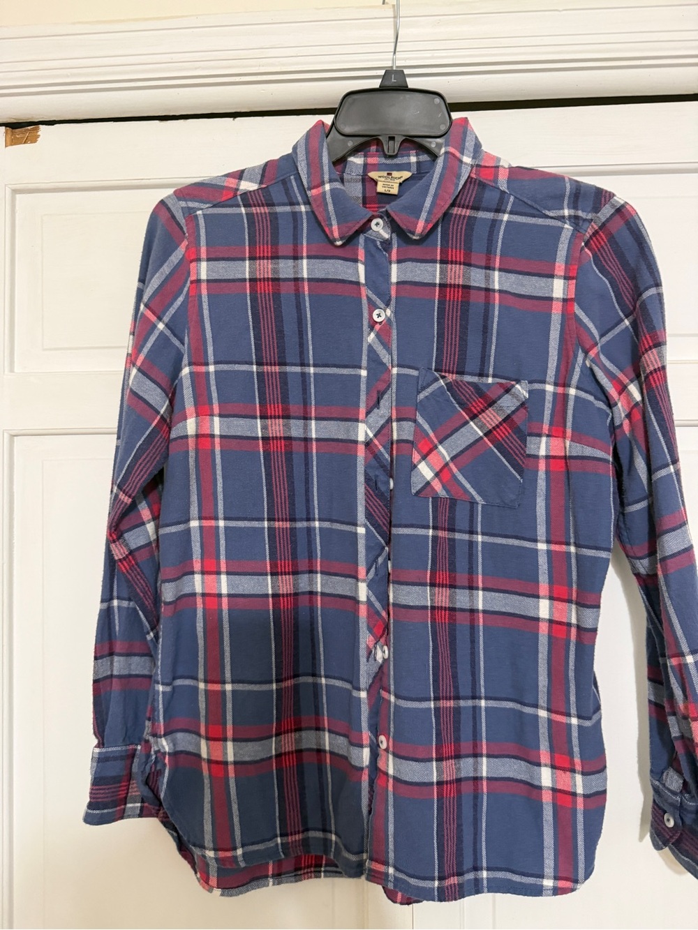 Woolrich Blue Plaid Button-Down Shirt with Red and White Accents